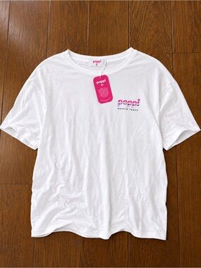 poppi White Short Sleeve Tee with Pink Logo Sz L NWT